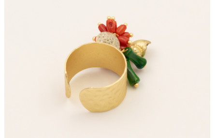 Anillo con burruño micro tubos coral,caracola dora