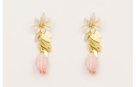 Pendientes perno flor esmalte natural crema,, colg