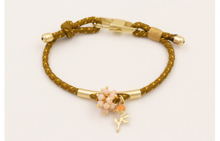 Pulsera cordón pistacho con hilo dorado, tubo meta