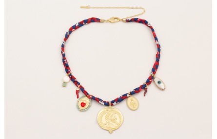 Collar trenza de seda natural roja, azul marino y 