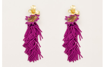 Pendientes flor dorado mate con fleco abalorio pur