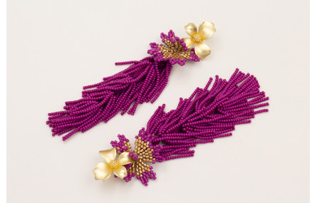 Pendientes flor dorado mate con fleco abalorio pur