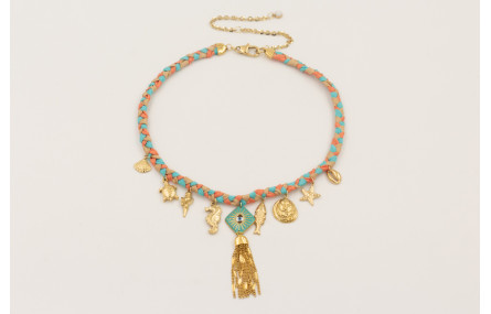 Collar trenza seda natural con colgantes acero ino