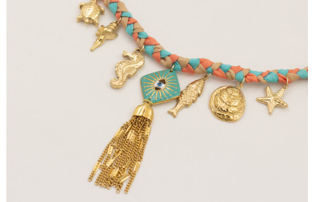 Collar trenza seda natural con colgantes acero ino