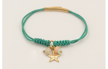 Pulsera cordón hilo dorado color turquesa con cier