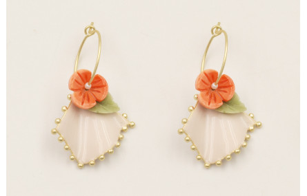 Pendientes aro pequeño flor resina coral, hoja res