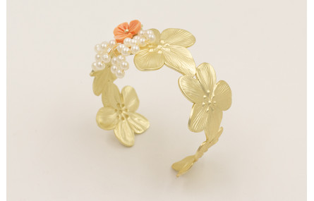 Brazalete flores dorado amte con rama de perlas y 
