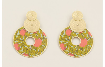 Pendientes discos rayados esmalte beige con colgan