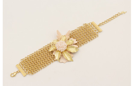 Pulsera malla con flor grande, mariposa esmaltada 