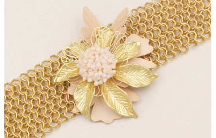 Pulsera malla con flor grande, mariposa esmaltada 