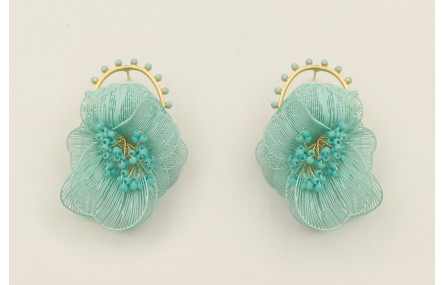 Pendientes perno aro bolitas turquesas con flores 