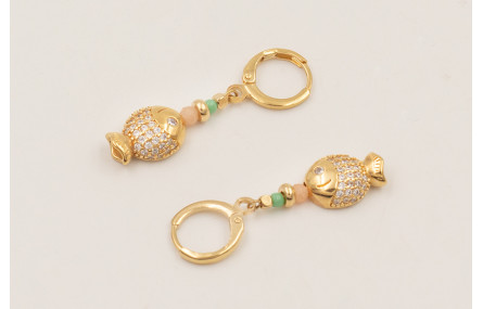 Pendientes ORO18K cierre aro, Colgante pez brillos