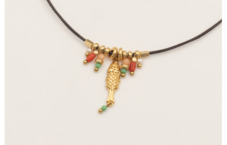 Collar ORO18K cuero marrón fino nudos con colgante