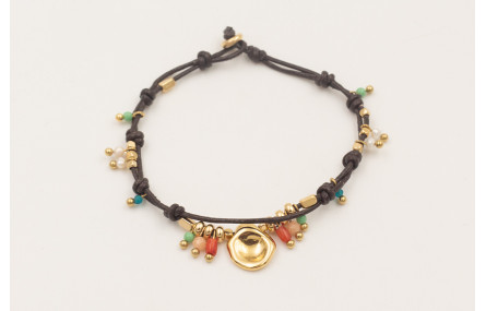 Pulsera ORO18K cuero marrón fino doble nudos con c