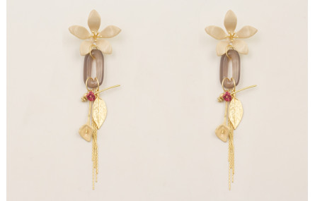 Pendientes perno flor beige eslabón jade gris con 