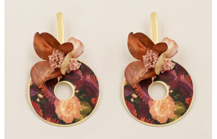 Pendientes disco flores rosas y granates, flor gra