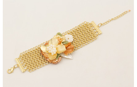 Pulsera malla con flor grande dorada mate, flor na
