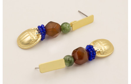 Pendientes escarabajo dorado mate, bolas verdes, f