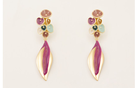 Pendientes perno flores esmaltadas marrón,turquesa