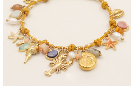 Pulsera ACERO INOXIDABLE cordón mostaza y cadena e