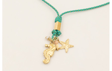 Collar cordón hilo dorado color turquesa con colga