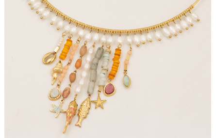 Collar rigído ACERO INOXIDABLE con perlas natural,