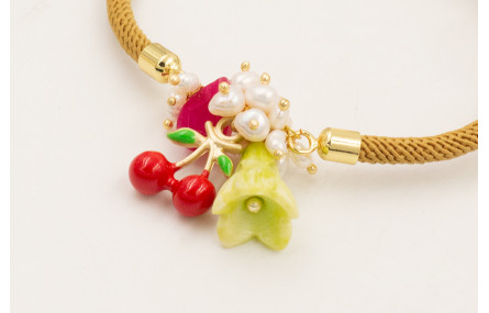 Pulsera cordón mostaza con burruño perlas naturale