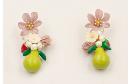 Pendientes flor pintada a mano lila con pera esmal