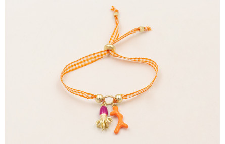 Pulsera lazo vichy naranja con rama coral esmalte 