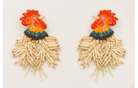 Pendientes gallo esmaltado con flecos abalorio bei