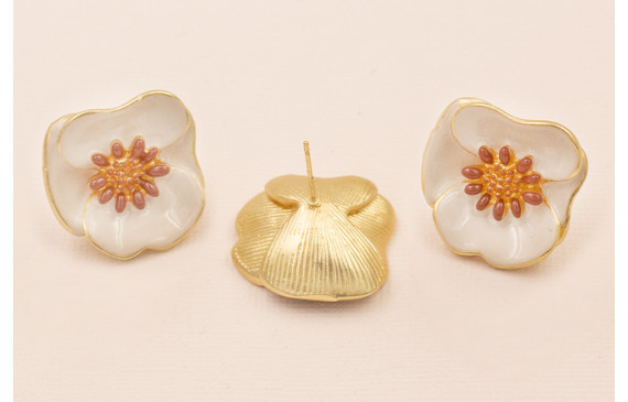 Pendiente Flor Esmalte Beige y marrón 27mm O. Mate