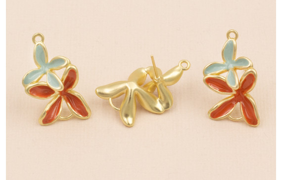 Pendiente Doble Flor 30*18 Oro Mate Turquesa Teja