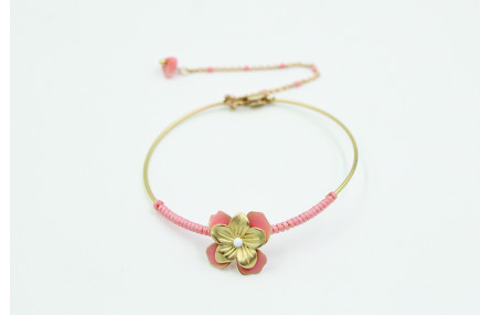 Pulsera rigida flor esmaltada rosa y alfiler bola 