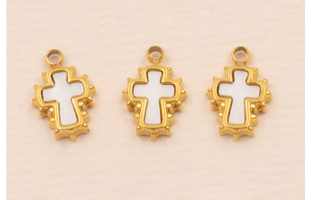 Colgante Cruz con Nacar Acero inox. 316L 7*5mm Oro