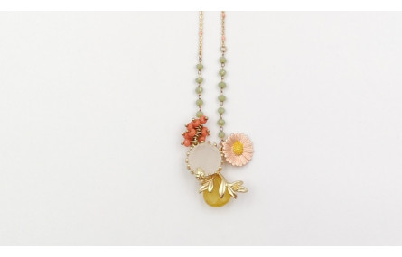 Collar con facetadas coral, verde y margarita mate