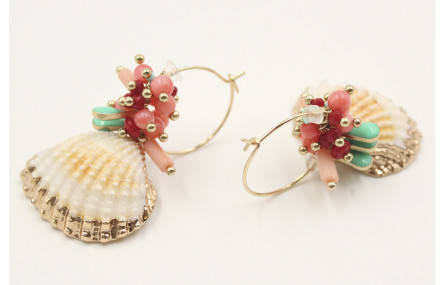 Pendientes aro brillo con concha blanca y dorada c