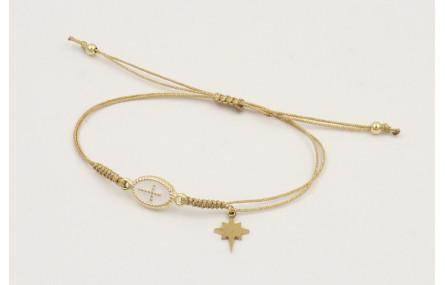 Pulsera hilo dorado palido con entrepieza cruz esm