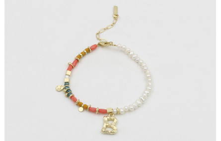 Pulsera con tubos facetados salmón, bolas mostazas