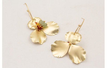 Pendientes aro bolita dorado mate con colgante flo