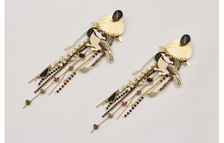 Pendientes perno gota esmaltada negra con flecos d