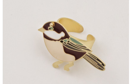 Anillo con pájaro plano esmlatado marrón,beige y v