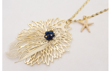 Collar flor de loto,pez tropical beige,burruño azu