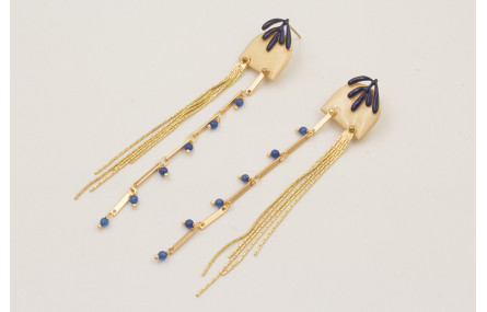 Pendientes hoja esmaltada azul oscuro con fleco do