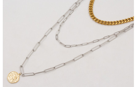 Collar triple ACERO con cadena corta dorada eslabo