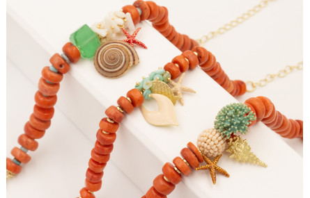 Pulsera discos coral con burruño discos nacar turq