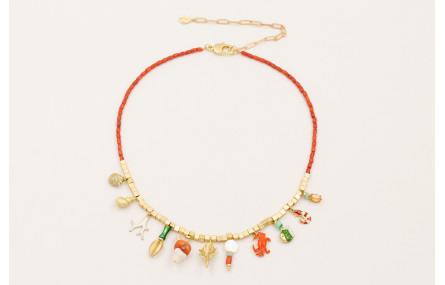 Collar micro tubos coral y cubos dorados mate con 