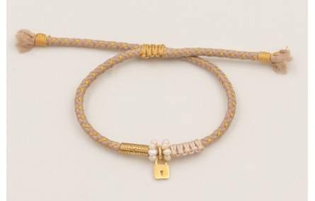 Pulsera cordón hilo dorado color beige con aritos 