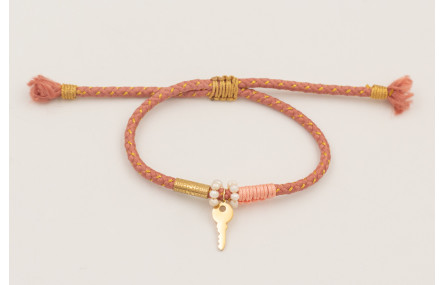 Pulsera cordón hilo dorado color rosa palo con ari