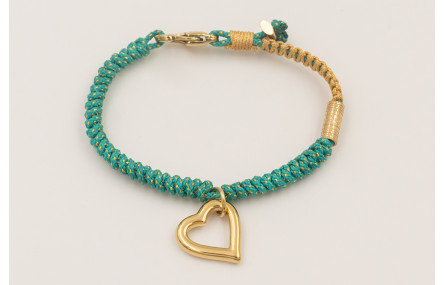 Pulsera cordón hilo dorado color turquesa con nudo
