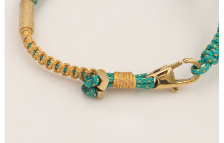 Pulsera cordón hilo dorado color turquesa con nudo